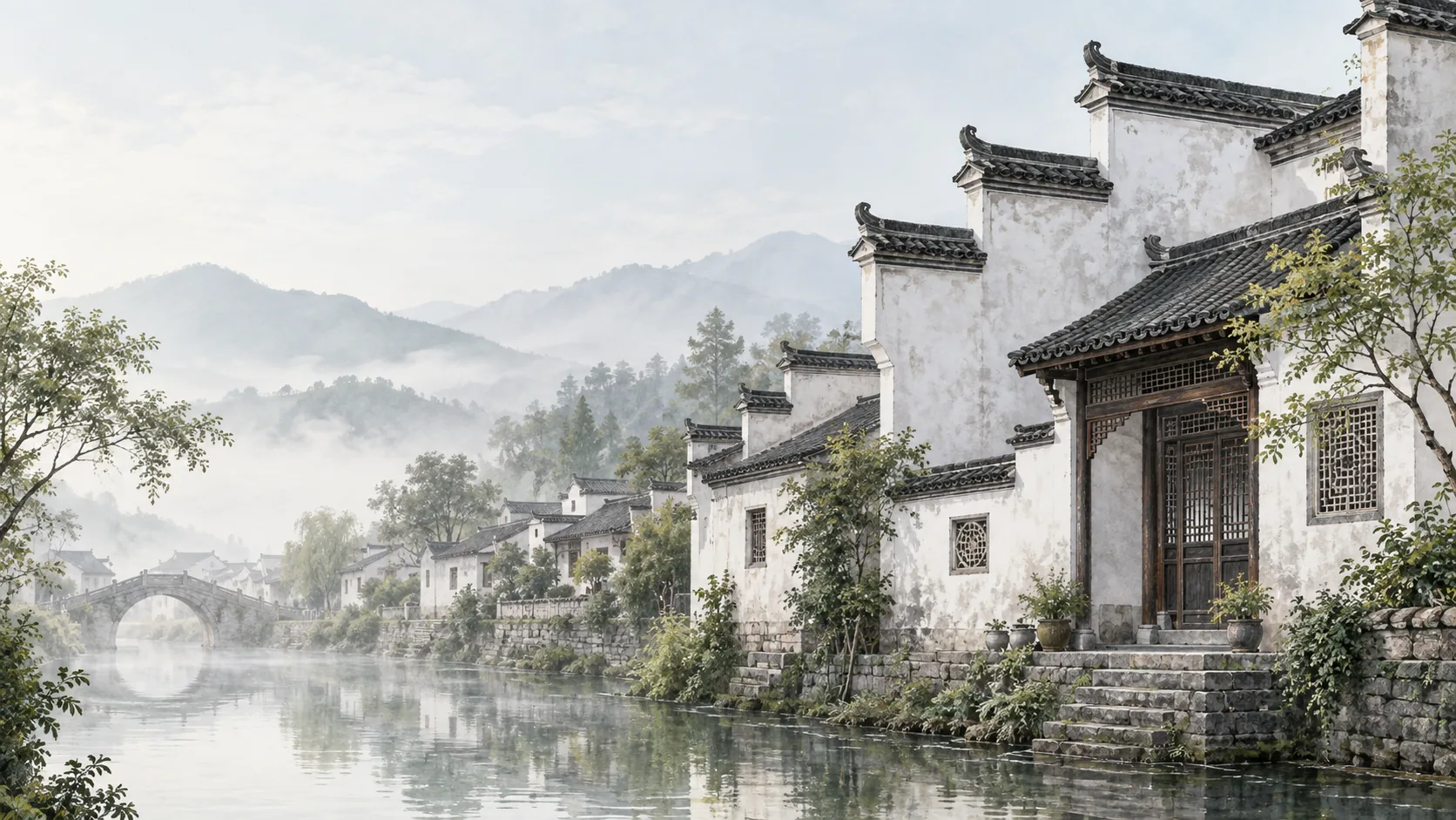 粉墙黛瓦与山水相连的徽派院落